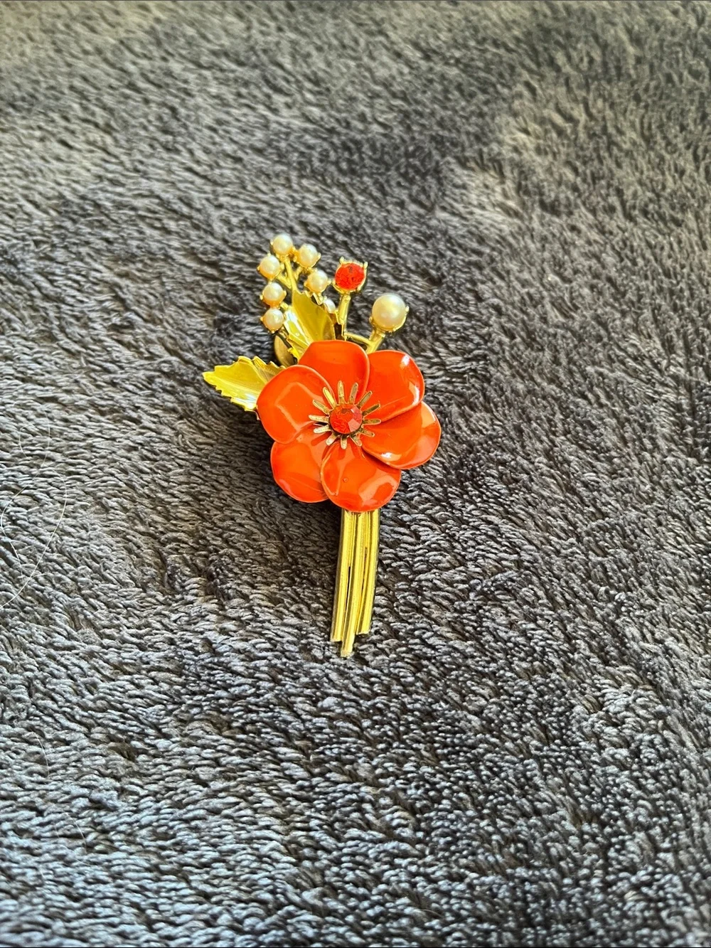 Gold Floral Brooch with Orange/Red Enamel Flower